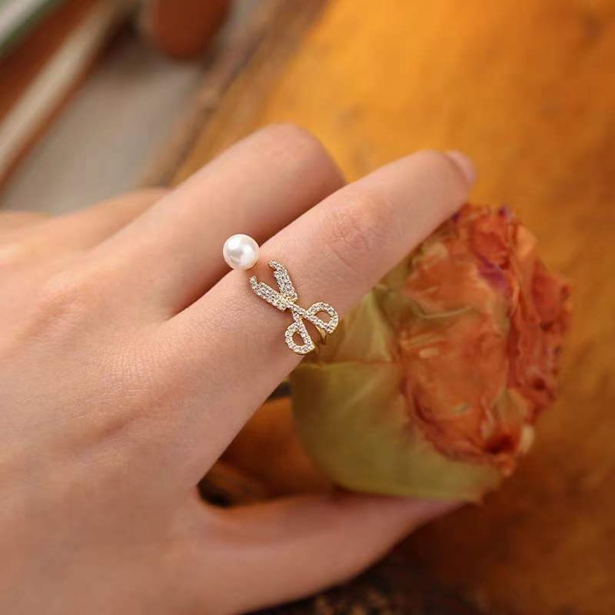 Scissor Pearl Cubic Zirconia 18K Gold Anti Tarnish Free Size Ring Bulk Secondary image