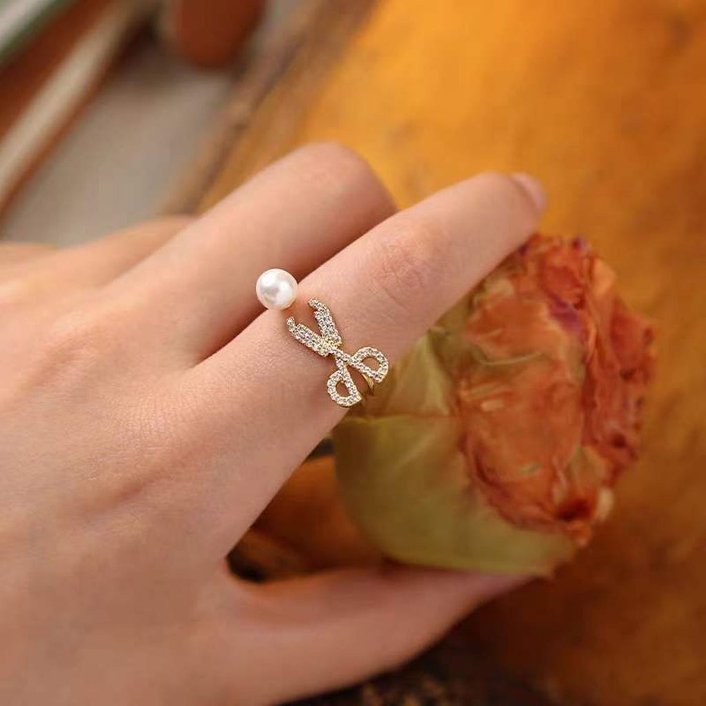 Scissor Pearl Cubic Zirconia 18K Gold Anti Tarnish Free Size Ring Bulk