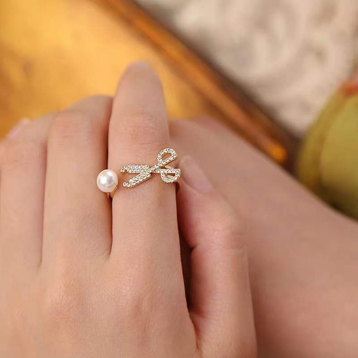 Scissor Pearl Cubic Zirconia 18K Gold Anti Tarnish Free Size Ring Bulk