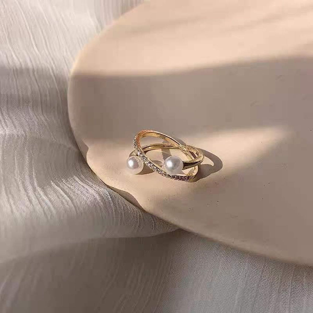 Dual Pearl Cubic Zirconia 18K Gold Free Size Open Back Ring Women Bulk