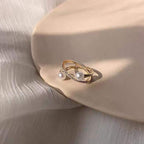 Dual Pearl Cubic Zirconia 18K Gold Free Size Open Back Ring Women Bulk