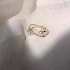 Dual Pearl Cubic Zirconia 18K Gold Free Size Open Back Ring Women Bulk