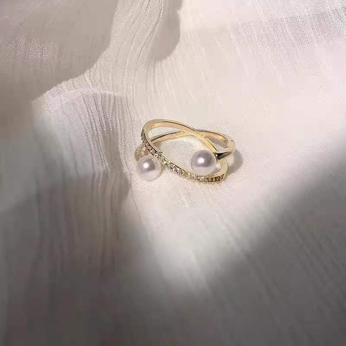 Dual Pearl Cubic Zirconia 18K Gold Free Size Open Back Ring Women Bulk