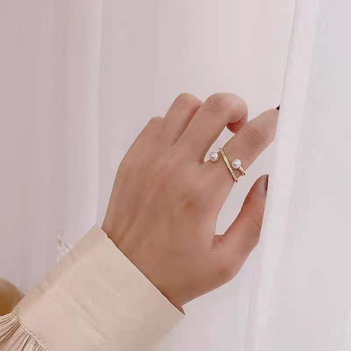 Dual Pearl Cubic Zirconia 18K Gold Free Size Open Back Ring Women Bulk