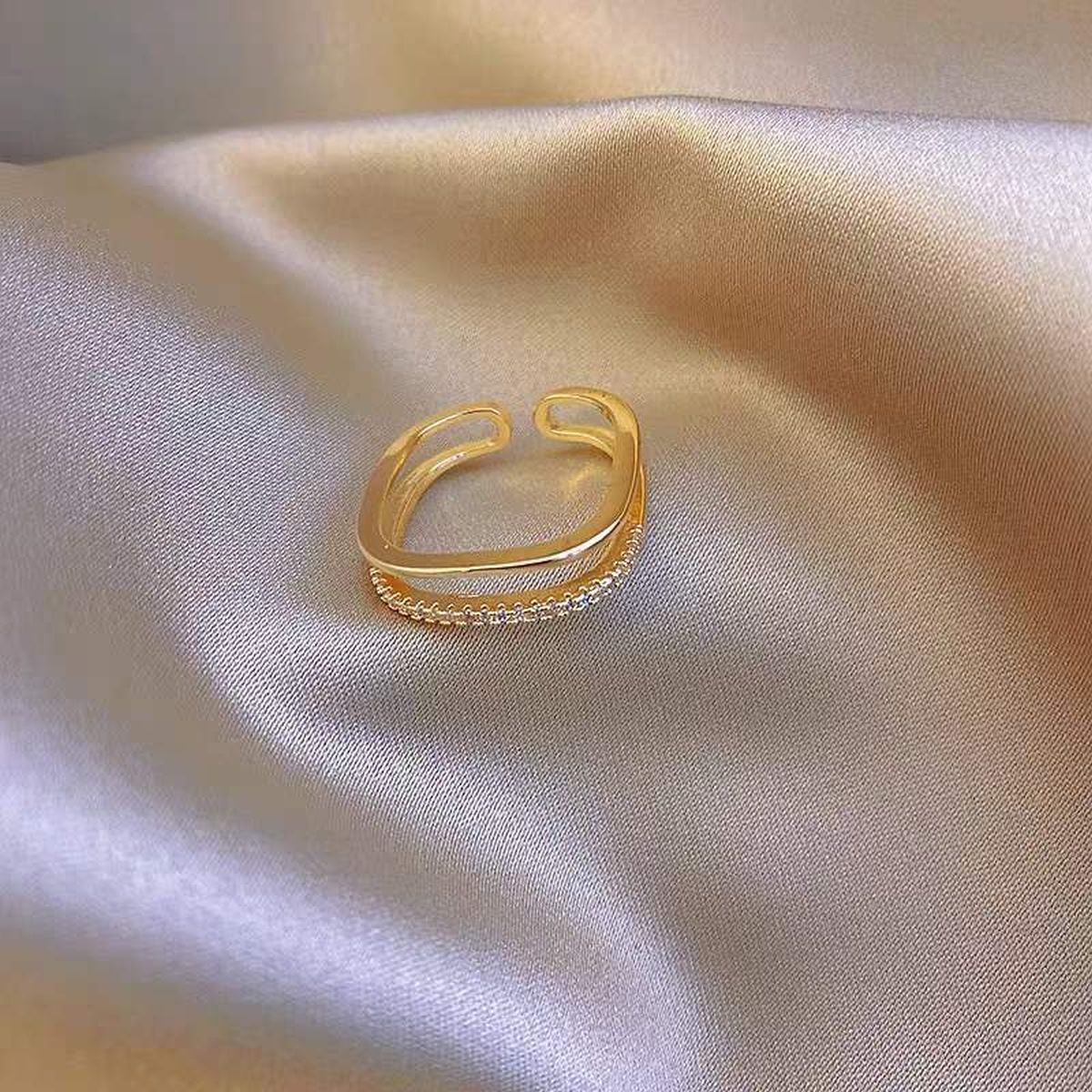 Dual Layer Square CZ 18K Gold Free Size Open Back Ring Bulk Main image