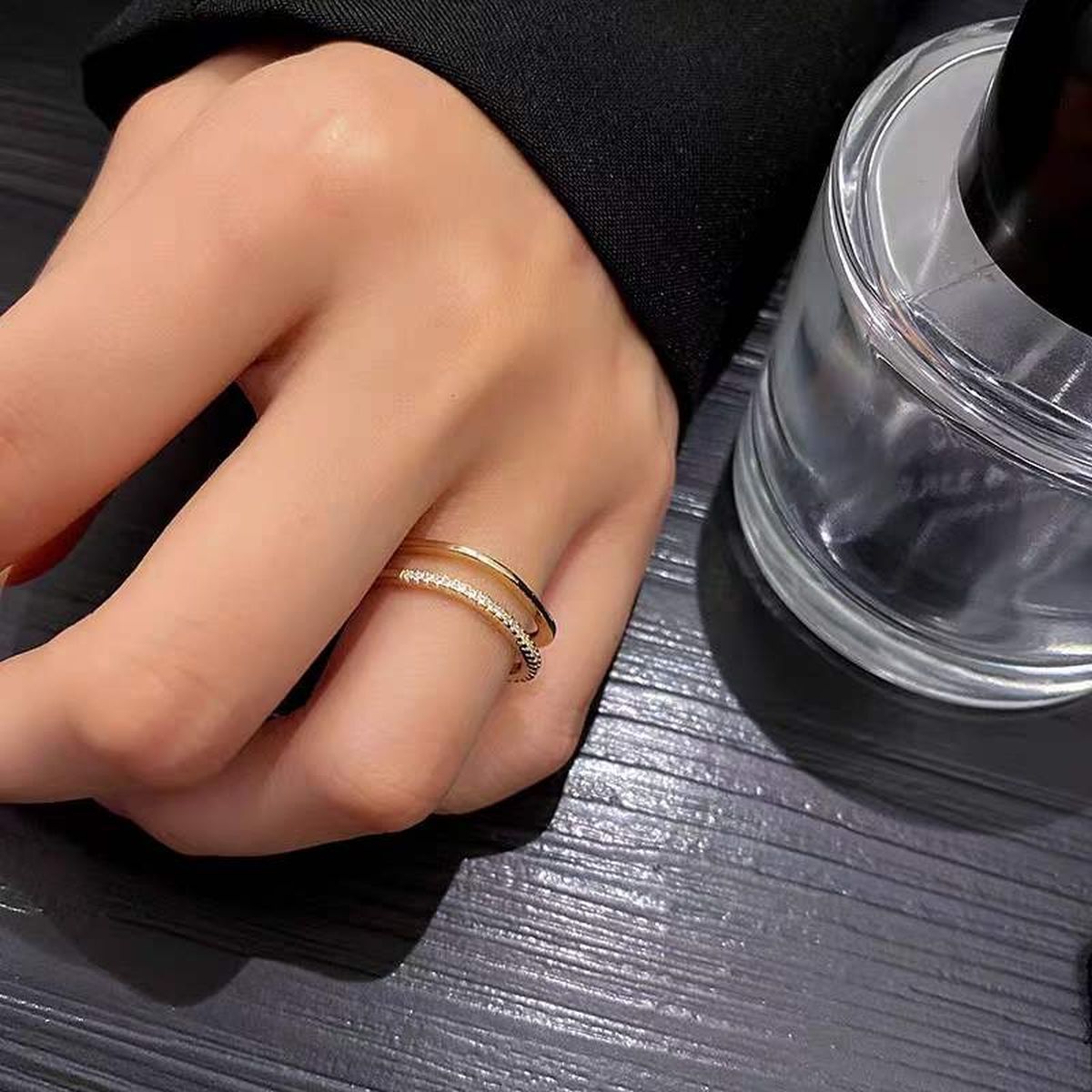 Dual Layer Square CZ 18K Gold Free Size Open Back Ring Bulk Secondary image