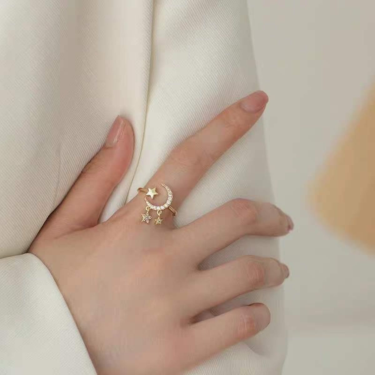 Crescent Moon Star CZ 18K Gold Free Size Open Back Ring Bulk