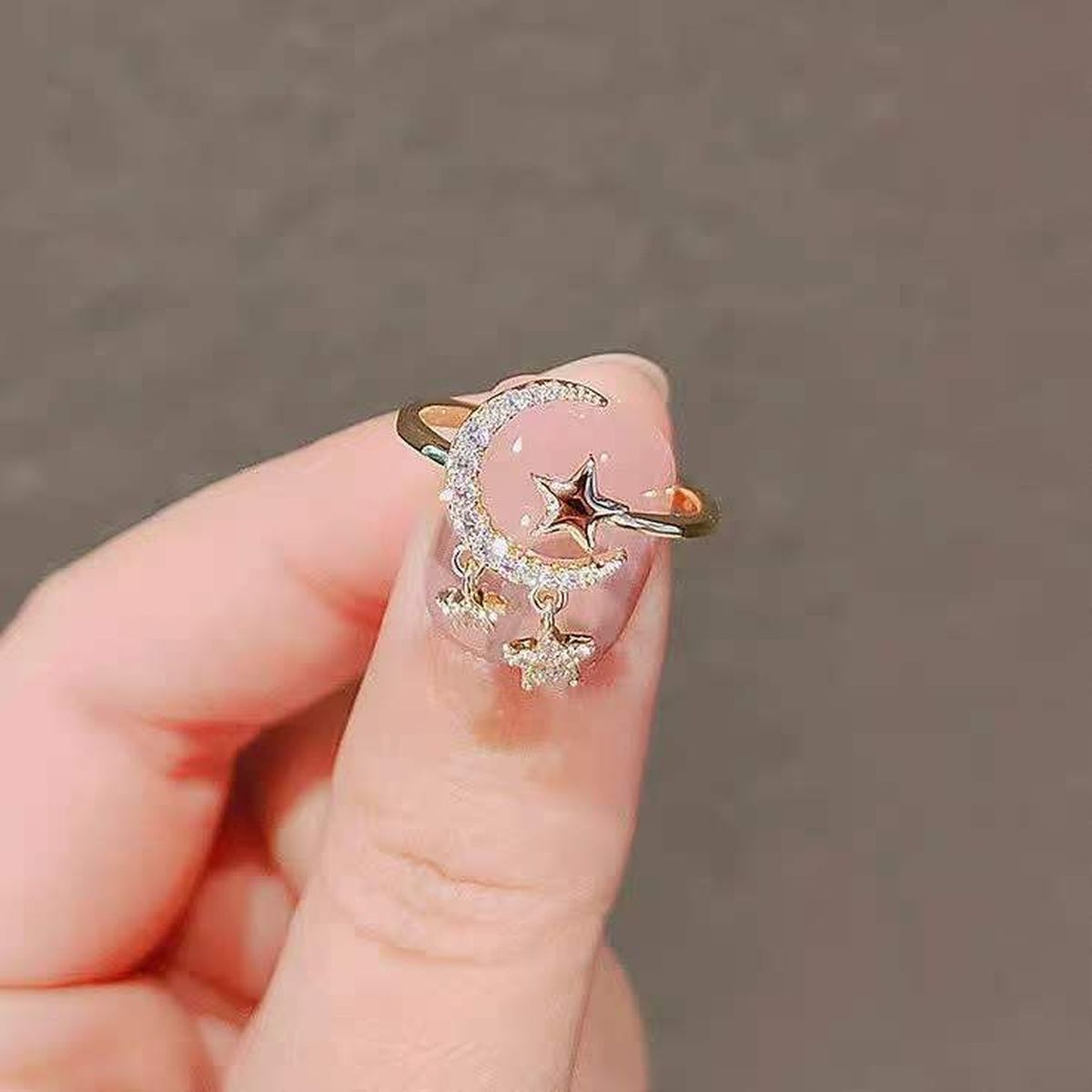 Crescent Moon Star CZ 18K Gold Free Size Open Back Ring Bulk