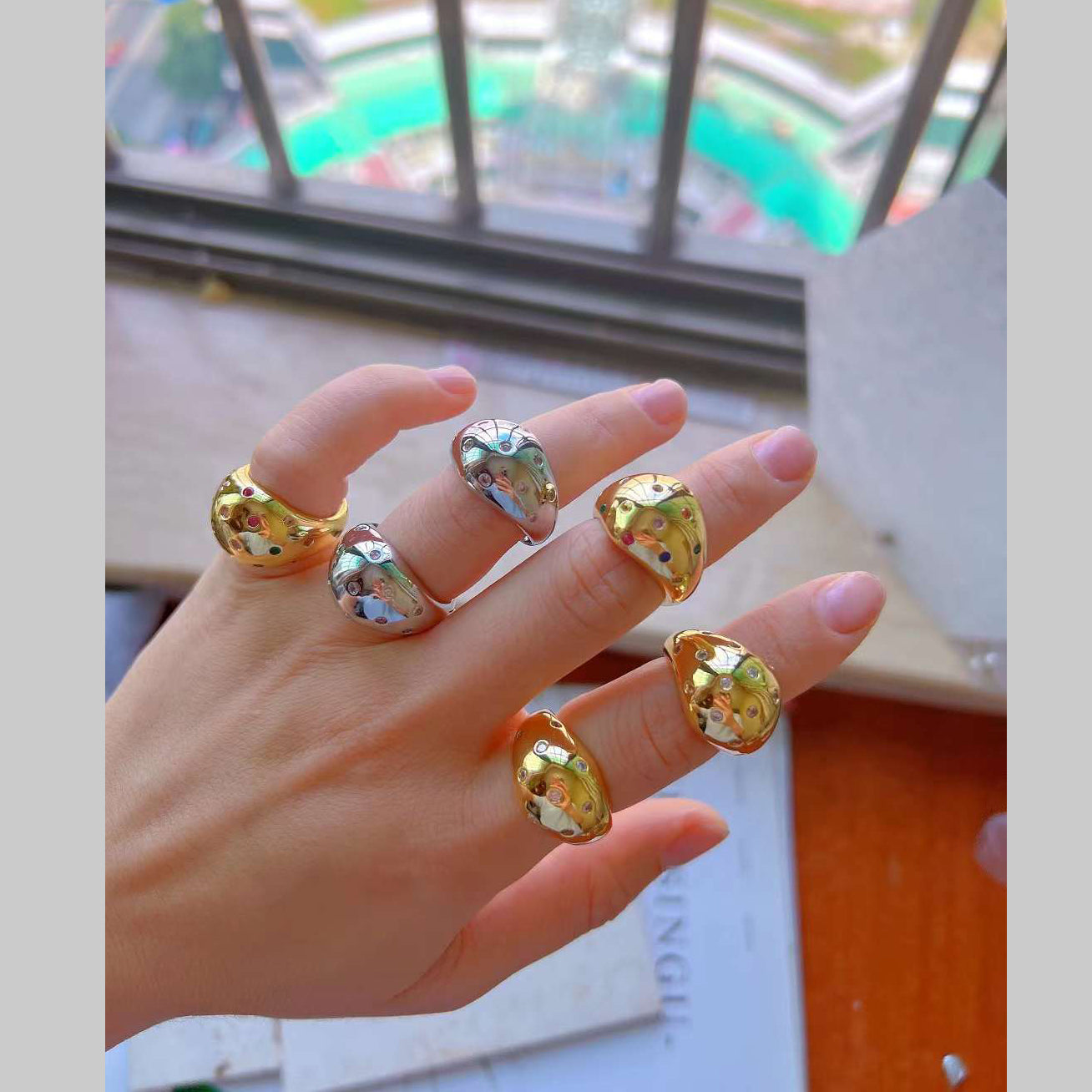 Rainbow Multi 18K Gold Anti Tarnish Cubic Zirconia Free Size Ring Bulk