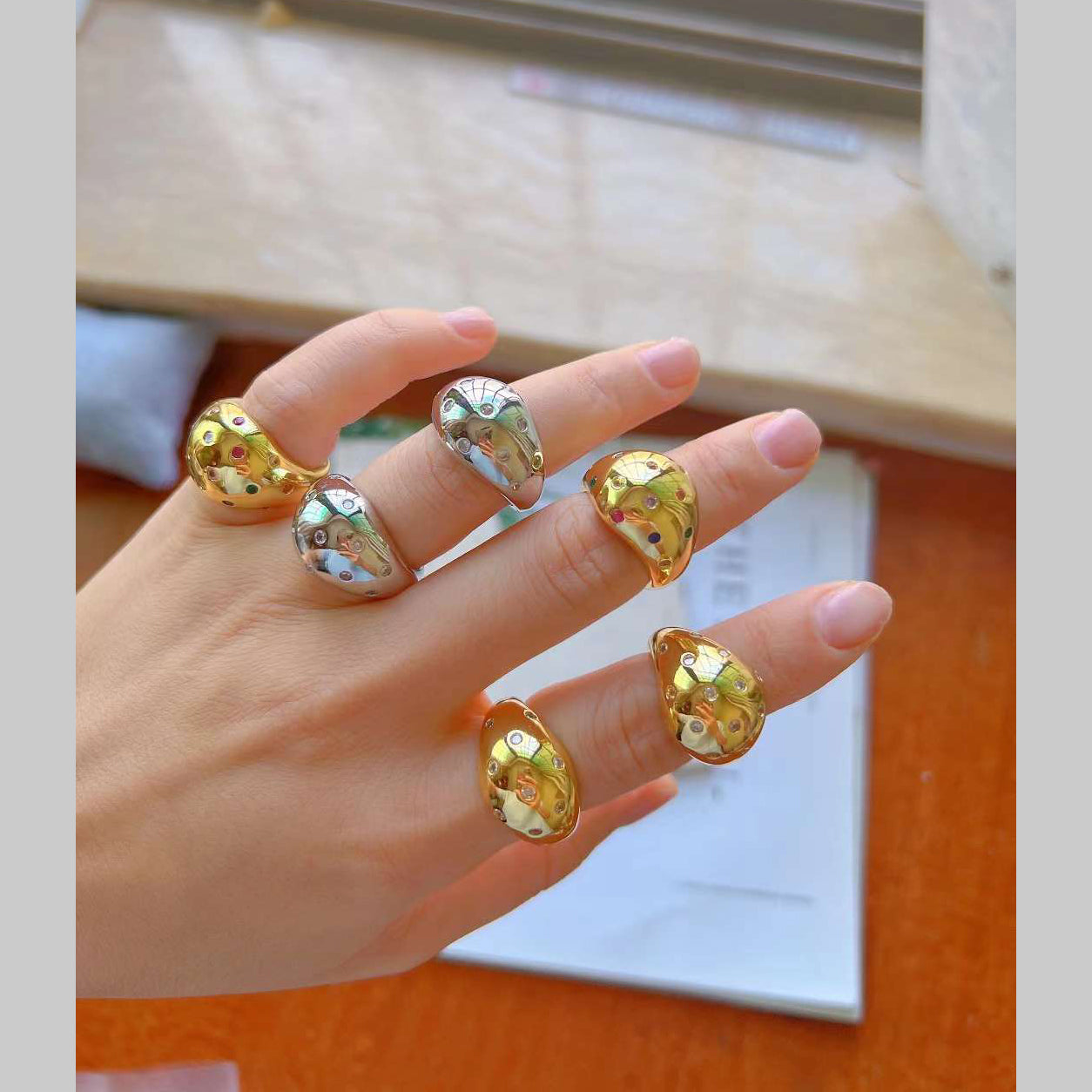 Rainbow Multi 18K Gold Anti Tarnish Cubic Zirconia Free Size Ring Bulk