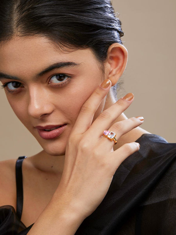 Heart Love Rectangle Solitaire CZ Gold Copper Adjustable Ring Bulk Main image