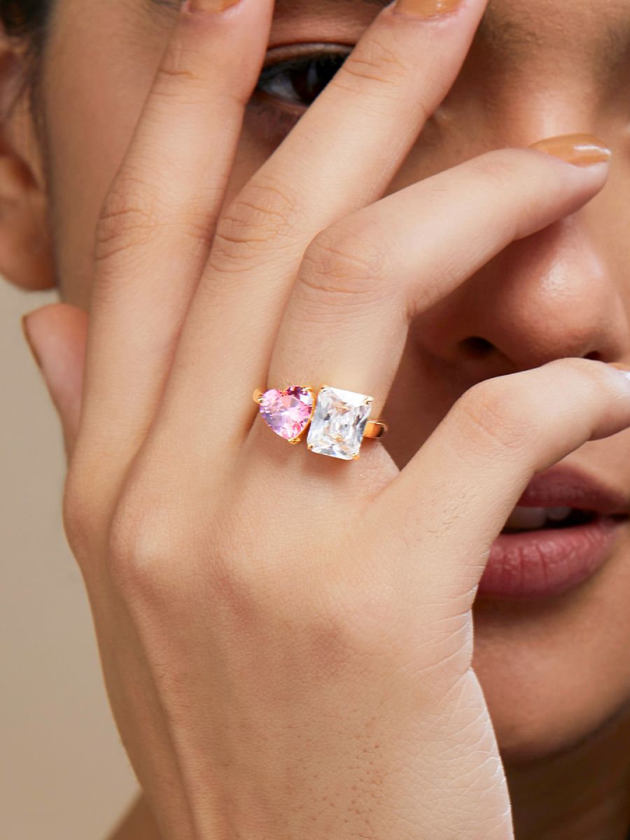 Heart Love Rectangle Solitaire CZ Gold Copper Adjustable Ring Bulk