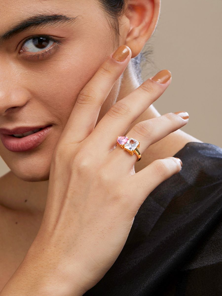 Heart Love Rectangle Solitaire CZ Gold Copper Adjustable Ring Bulk