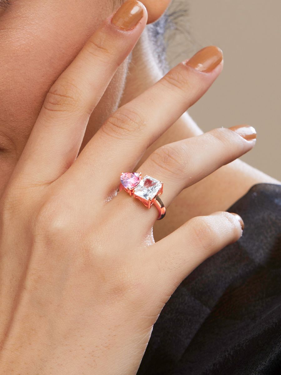Heart Love Rectangle Solitaire CZ Gold Copper Adjustable Ring Bulk