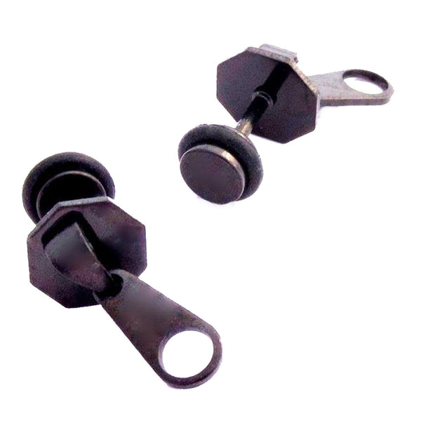 Stainless Steel Men Boys Ear Stud Pair Earring Black Zip Bulk Secondary image