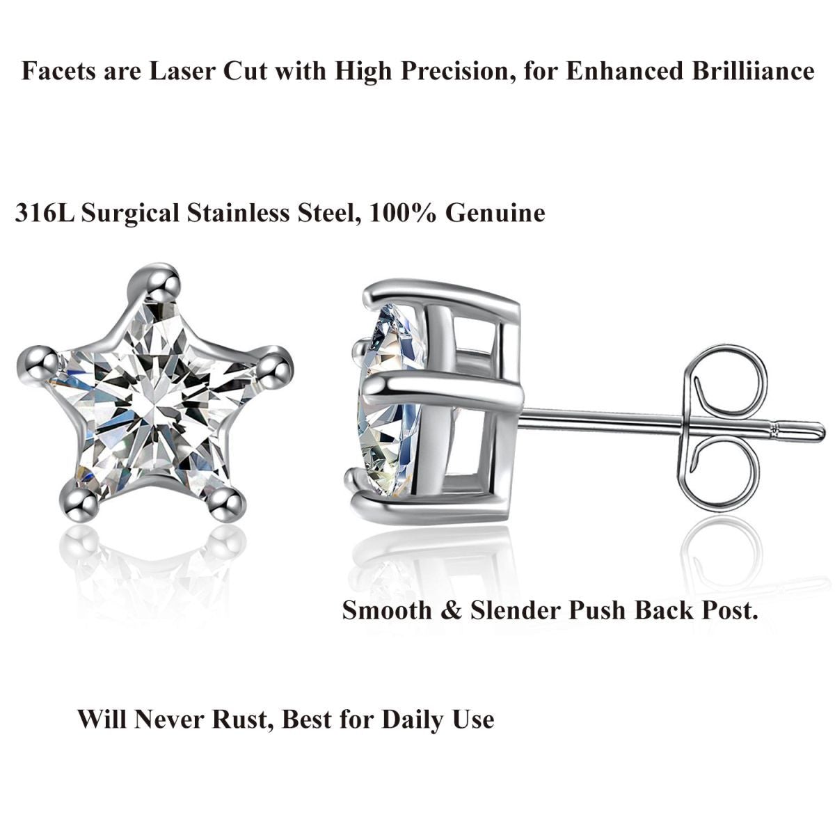 Solitaire Star Cut CZ Stainless Steel Ear Stud Pair Earring Bulk