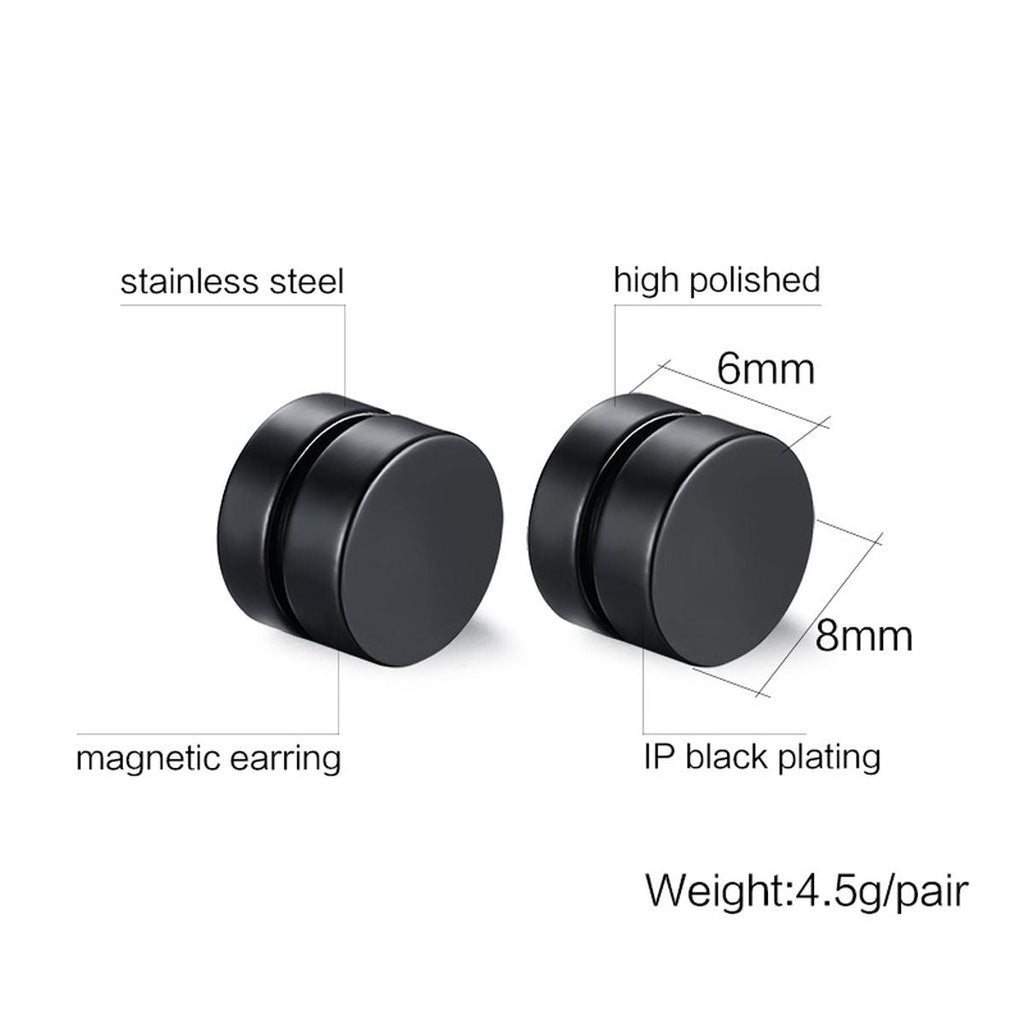 Dual Magnet 8 Mm Stainless Steel Black Non Pierced Stud Earring Pair