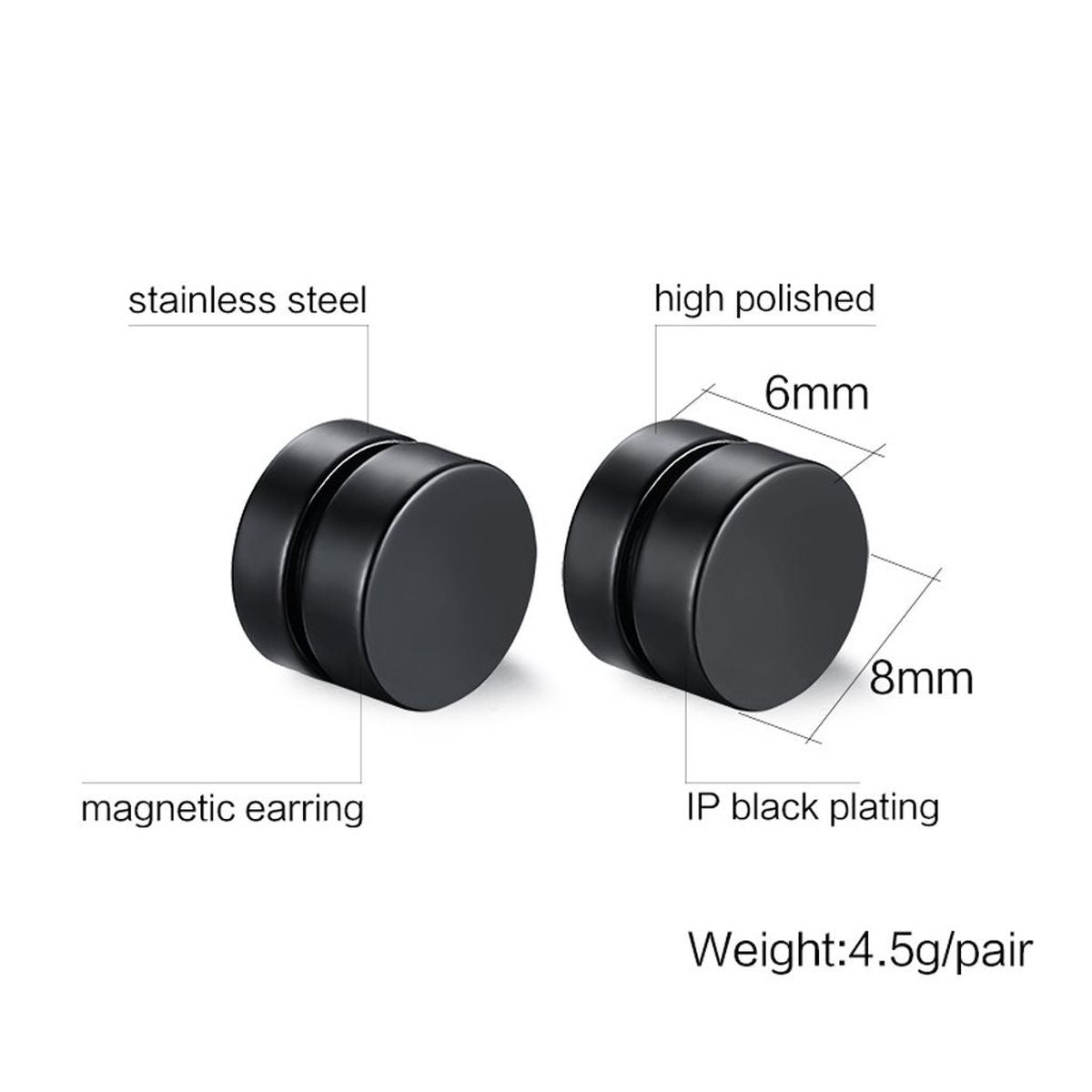 Dual Magnet 8 Mm Stainless Steel Black Non Pierced Stud Earring Pair
