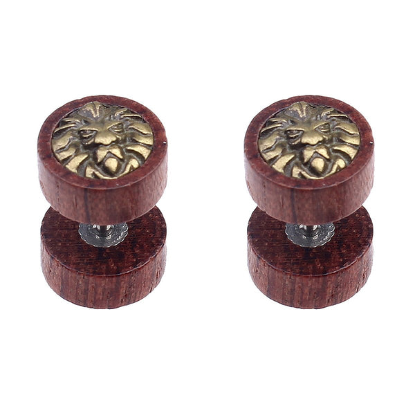 Lion 8 Mm Brass Natural Wood Brown Dumbell Barbell Stud Earring Pair Secondary image