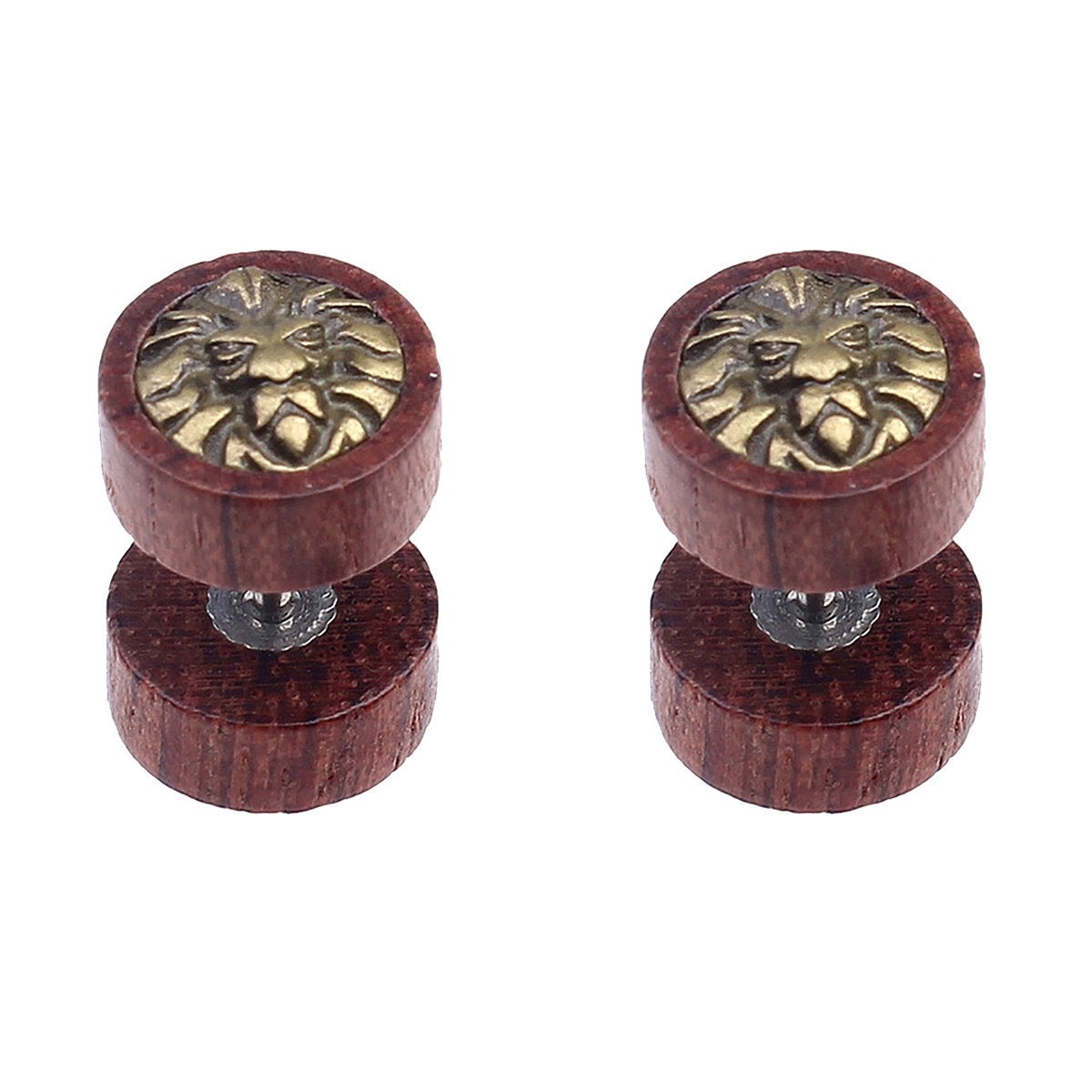 Lion 8 Mm Brass Natural Wood Brown Dumbell Barbell Stud Earring Pair