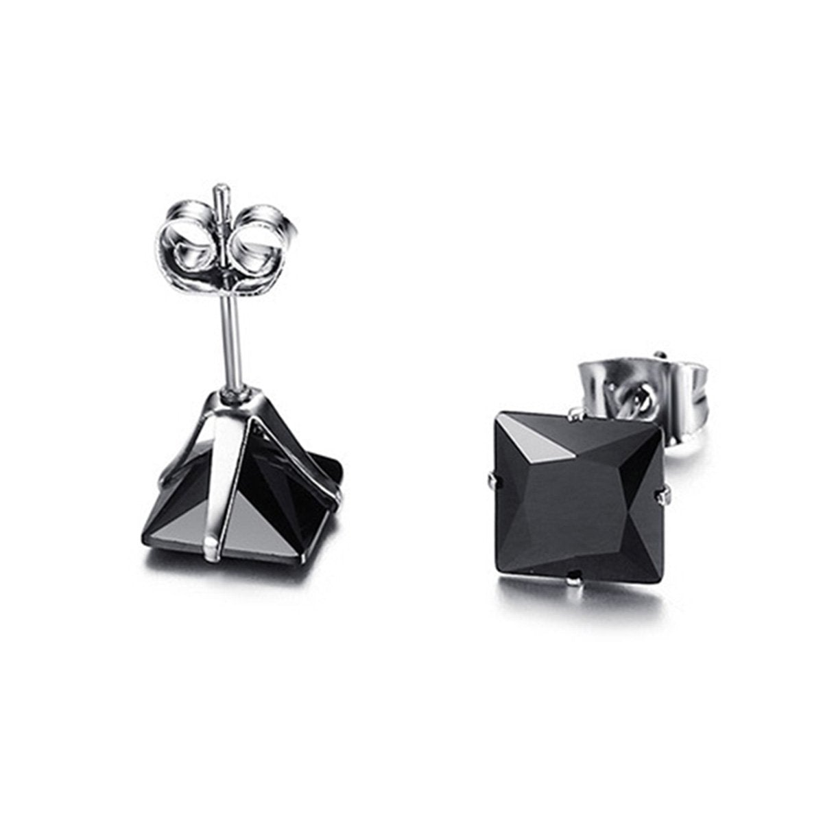 Square Stainless Steel Black Crystal Rhodium Pierced Stud Earring Pair