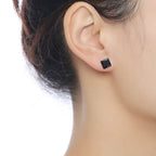 Square Stainless Steel Black Crystal Rhodium Pierced Stud Earring Pair