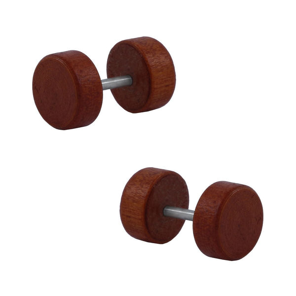 Dumbell Barbell Wooden Brown Silver Ear Stud Earring Pair Boys Bulk Secondary image