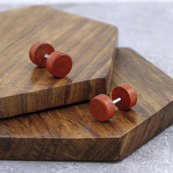 Dumbell Barbell Wooden Brown Silver Ear Stud Earring Pair Boys Bulk Main image