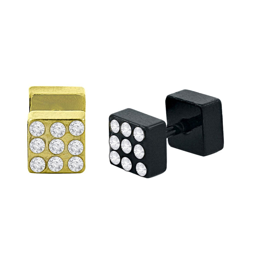 Stainless Steel Gold Black Rhodium CZ Pierced Stud Earring Pair Bulk