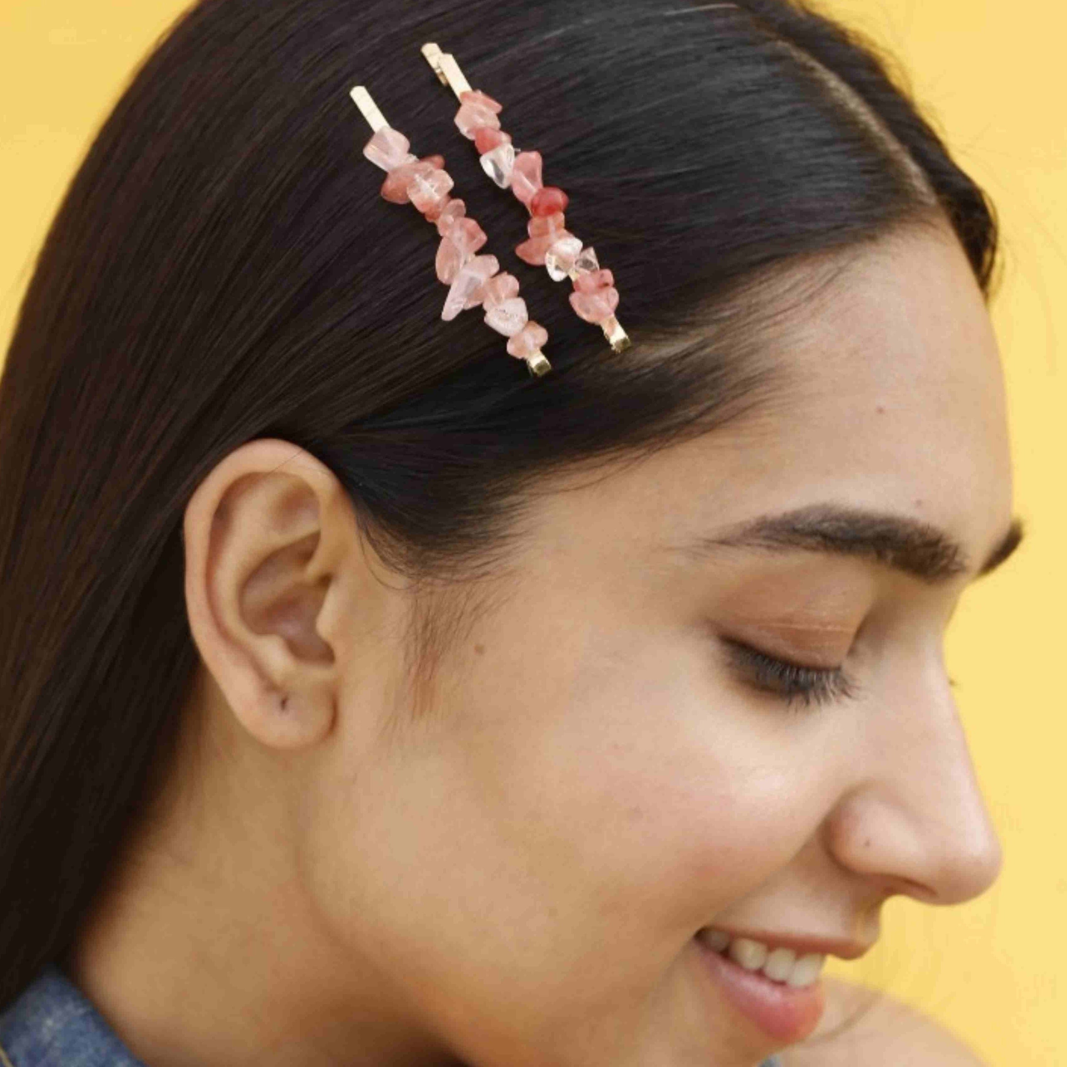 Strawberry Delight Acrylic 18K Gold Anti Tarnish Pink Beige Hair Clip Accessories Pack Of 2 Pcs For Girl Women Secondary image