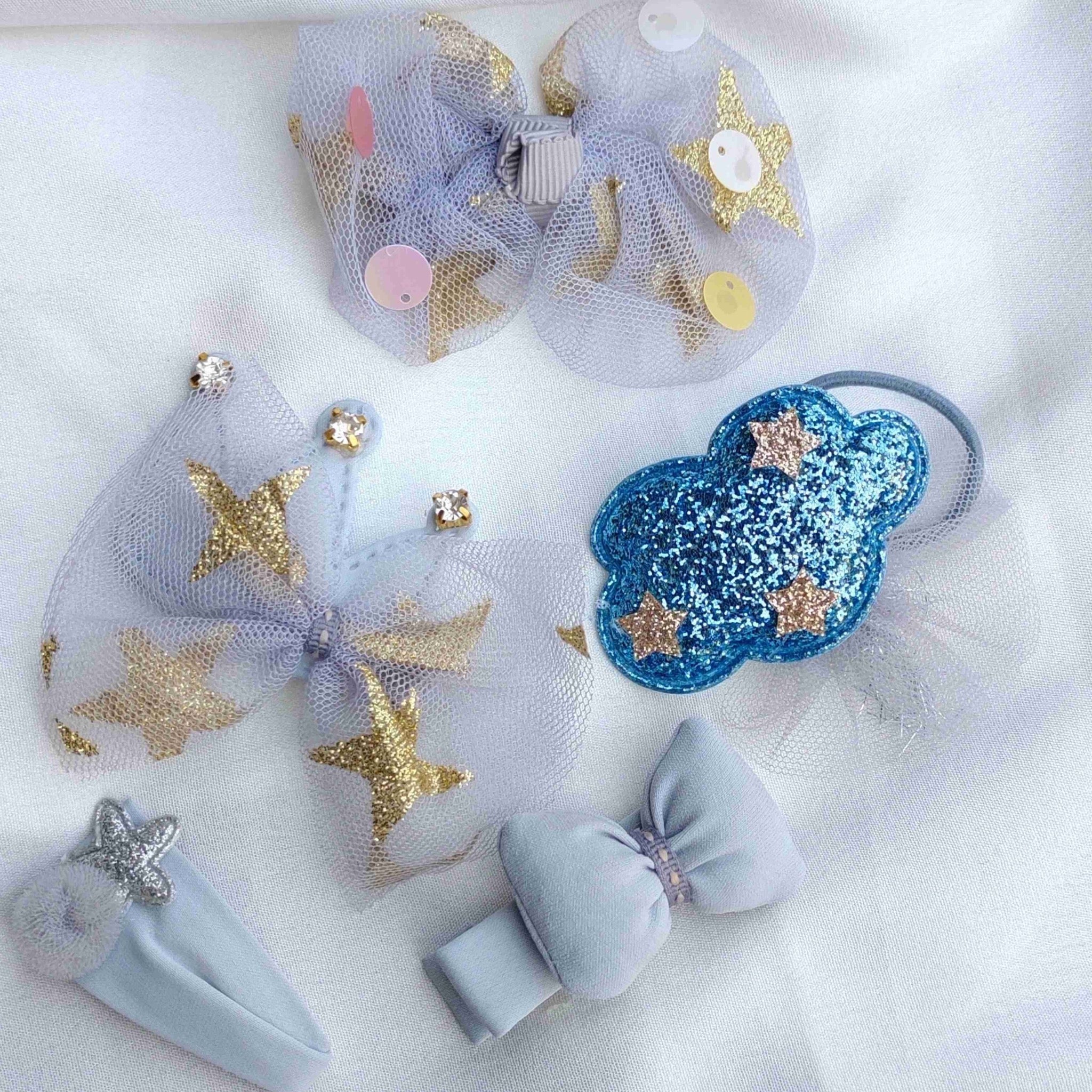 Glitter All The Way Blue Cubic Zirconia Fabric Hair Clip Band Accessories Pack Of 5 Pcs For Girl Women Main image