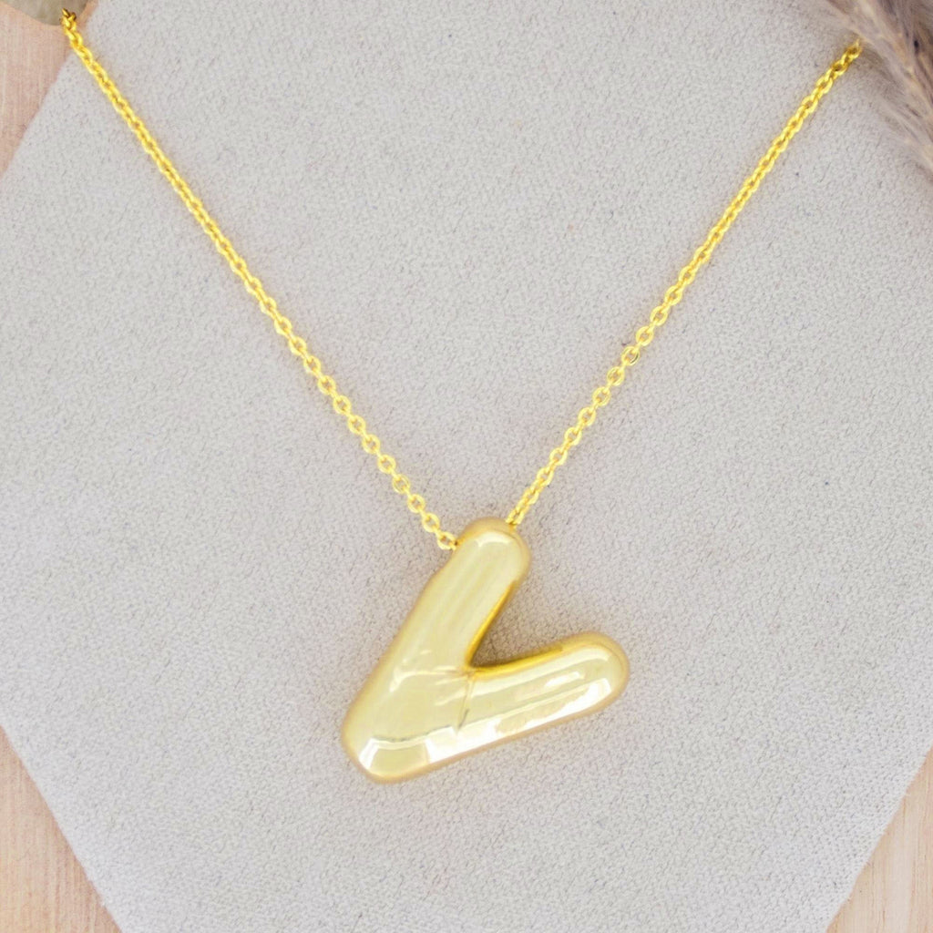 A Party Balloon Bubble Puffed Initial Alphabet Letter 18K Glossy Gold Anti Tarnish Pendant Chain