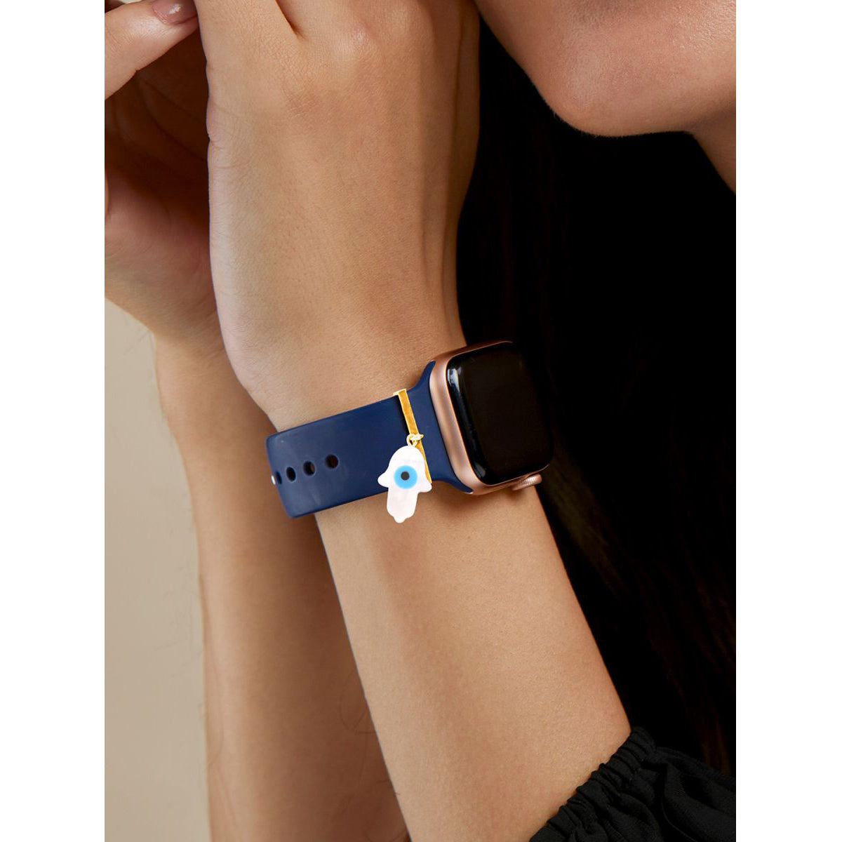 Evil Eye Hamsa Hand Shape Pendant Decorative Ring Loops Copper Mother Of Pearl Gold Watch Charm Band For Women