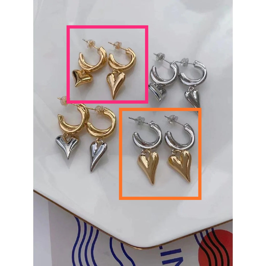 Love Heart Glossy Silver 18k Gold Dangling Hoop Earring for Women