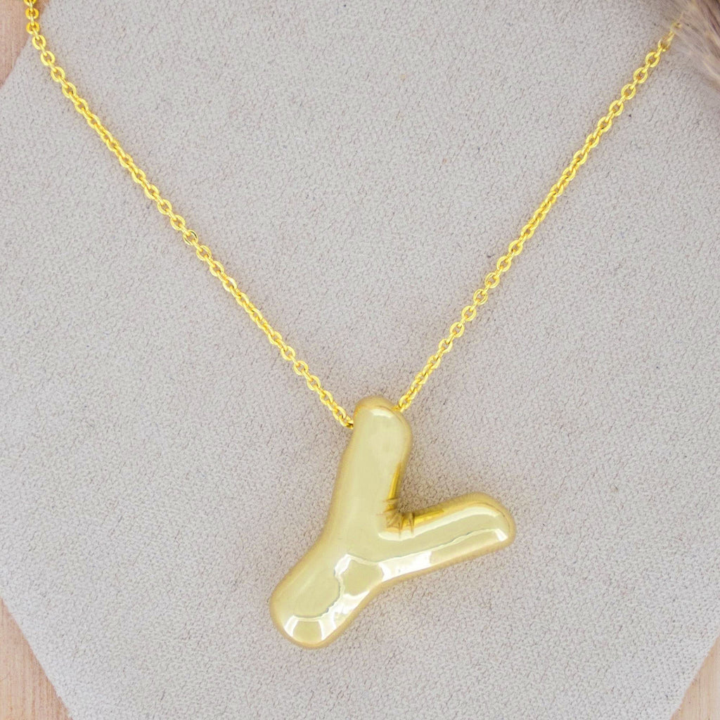 A Party Balloon Bubble Puffed Initial Alphabet Letter 18K Glossy Gold Anti Tarnish Pendant Chain