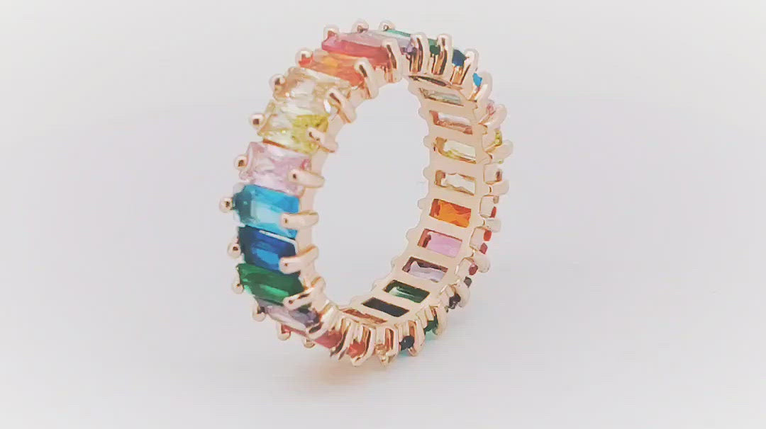 Rainbow Baguette Crystal Gold Band Ring For Women Gift Bulk Main image