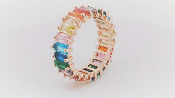Rainbow Baguette Crystal Gold Band Ring For Women Gift Bulk Main image