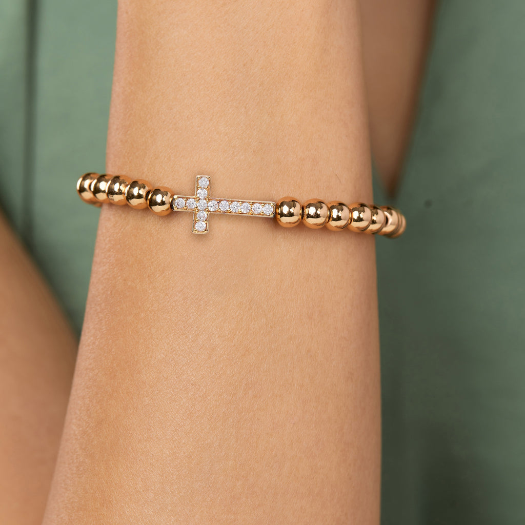 Brass 18K Crystal Studded Cross Embellishment Bracelet For Women Bulk