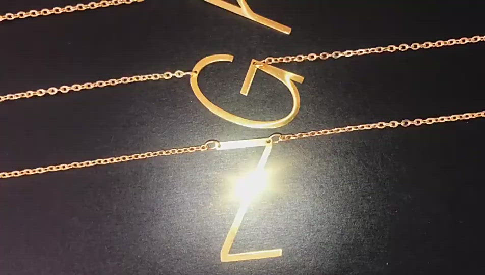 Sideways Alphabet Initial Large All Letter Personalised Customized Engraved Gold Stainless Steel Pendant Necklace