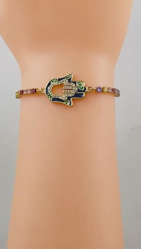Hamsa Copper Multicolour Gold CZ Adjustable Slider Bracelet Bulk