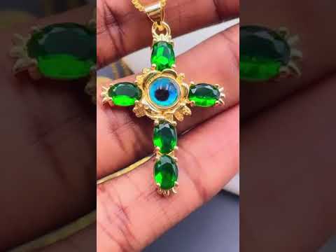 Emerald Green Evil Eye Cross Jesus CZ Gold Copper Pendant Chain Bulk