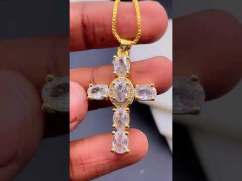 White Cross Jesus Cubic Zirconia 18K Gold Copper Pendant Chain Bulk