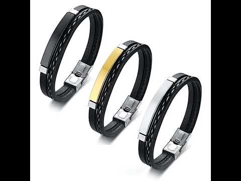 Stainless Steel Gold Black Customized Personalised Laser Engraved Leather Wrist Band ID Bracelet Men