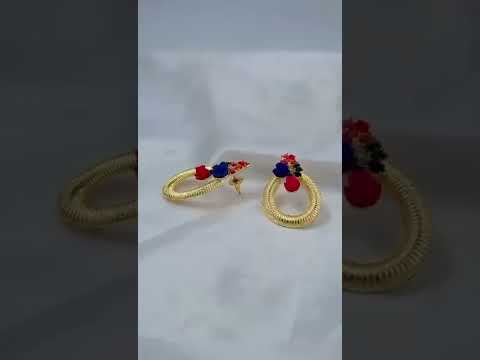 Designer Flower Gold American Diamond Blue Pink Earring For Women