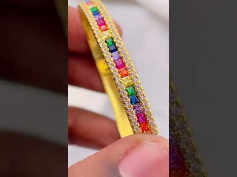 Rainbow Multi Color Invisible Setting CZ 18K Gold Cuff Bangle Bulk