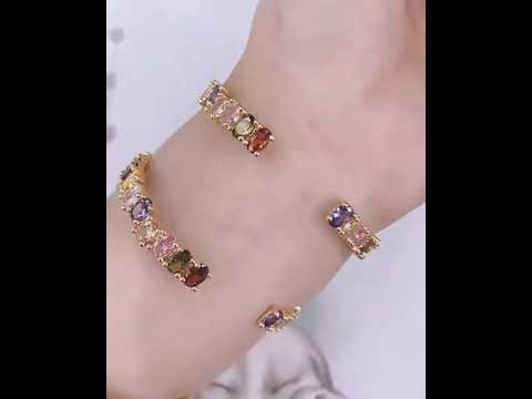 Rainbow Round American Diamond Crystal Gold Cuff Kada Bangle Bulk