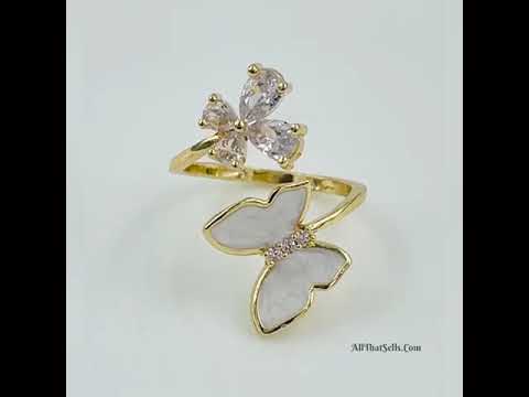 Butterfly Flower Mother Of Pearl Zircon 18K Gold Adjustable Ring Bulk