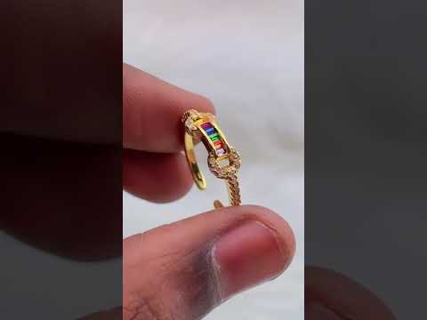 Rainbow Multi Color Baguette Cubic Zirconia Gold Open Back Ring Bulk