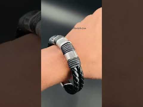 Rope Black Leather 316L Stainless Steel Wrist Band Strap Bracelet Bulk