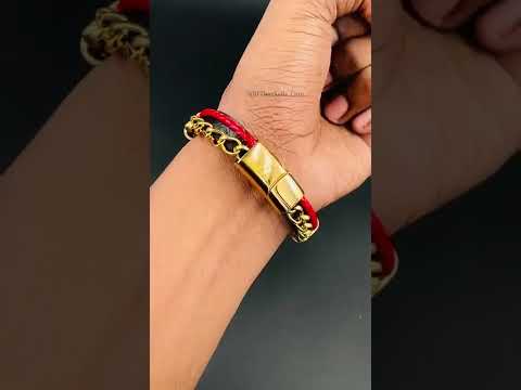 Red Black Stainless Steel Curb Genuine Leather Wrist Bracelet Bulk